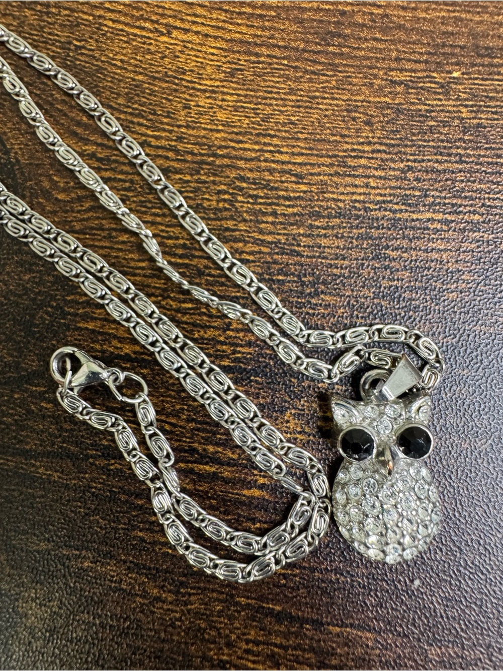Silver Tone Owl Crystal Pave Pendant Necklace Black Rhinestone Eyes Snail Chain